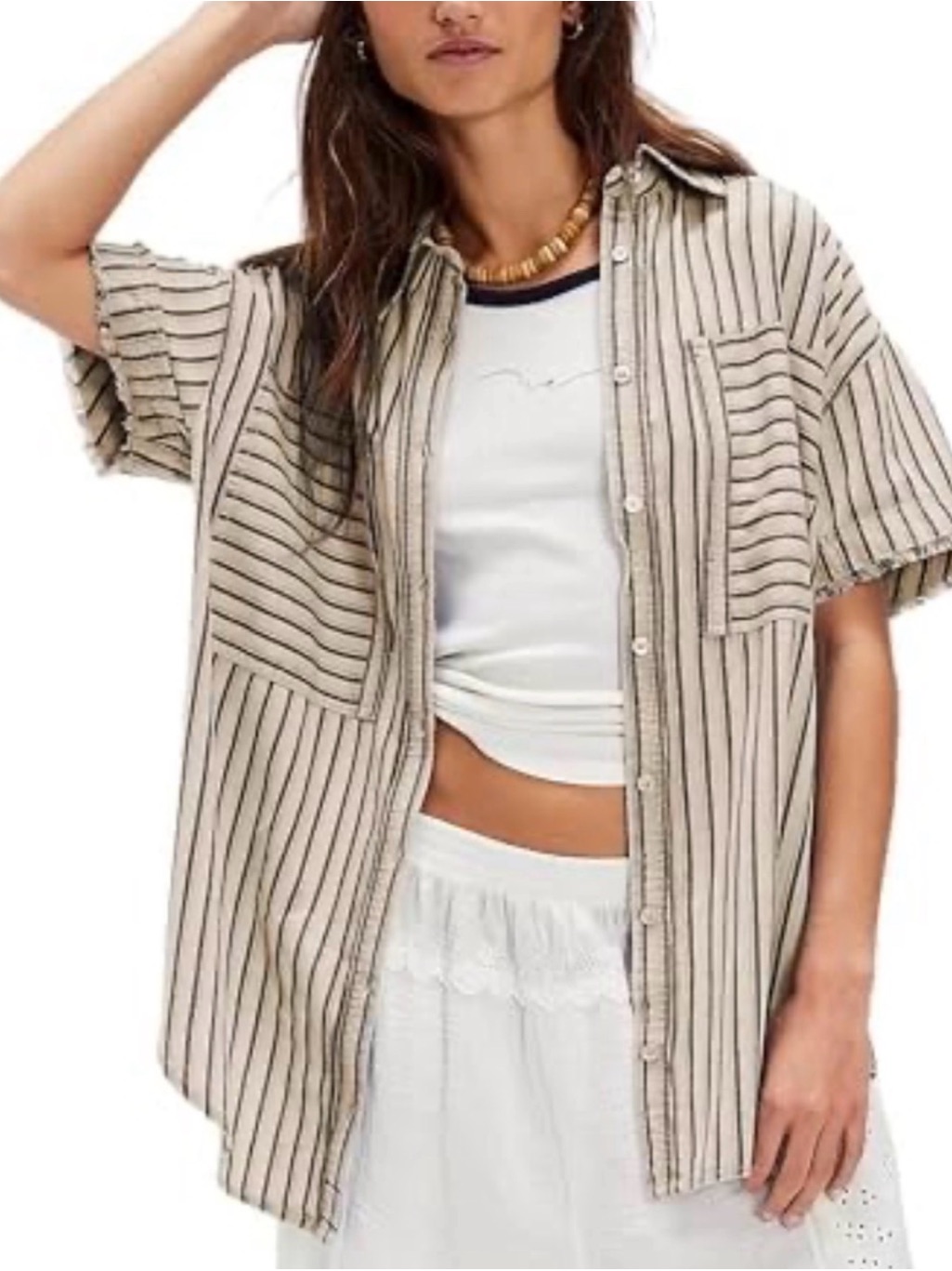 We The Free Christopher Blouse Tan Black Stripes Buttondown Short Sleeve Sz M